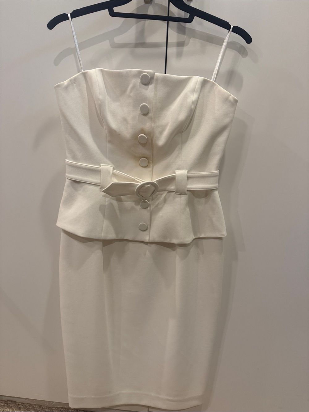 Black Halo Cream Strapless Peplum Midi Dress with Belt